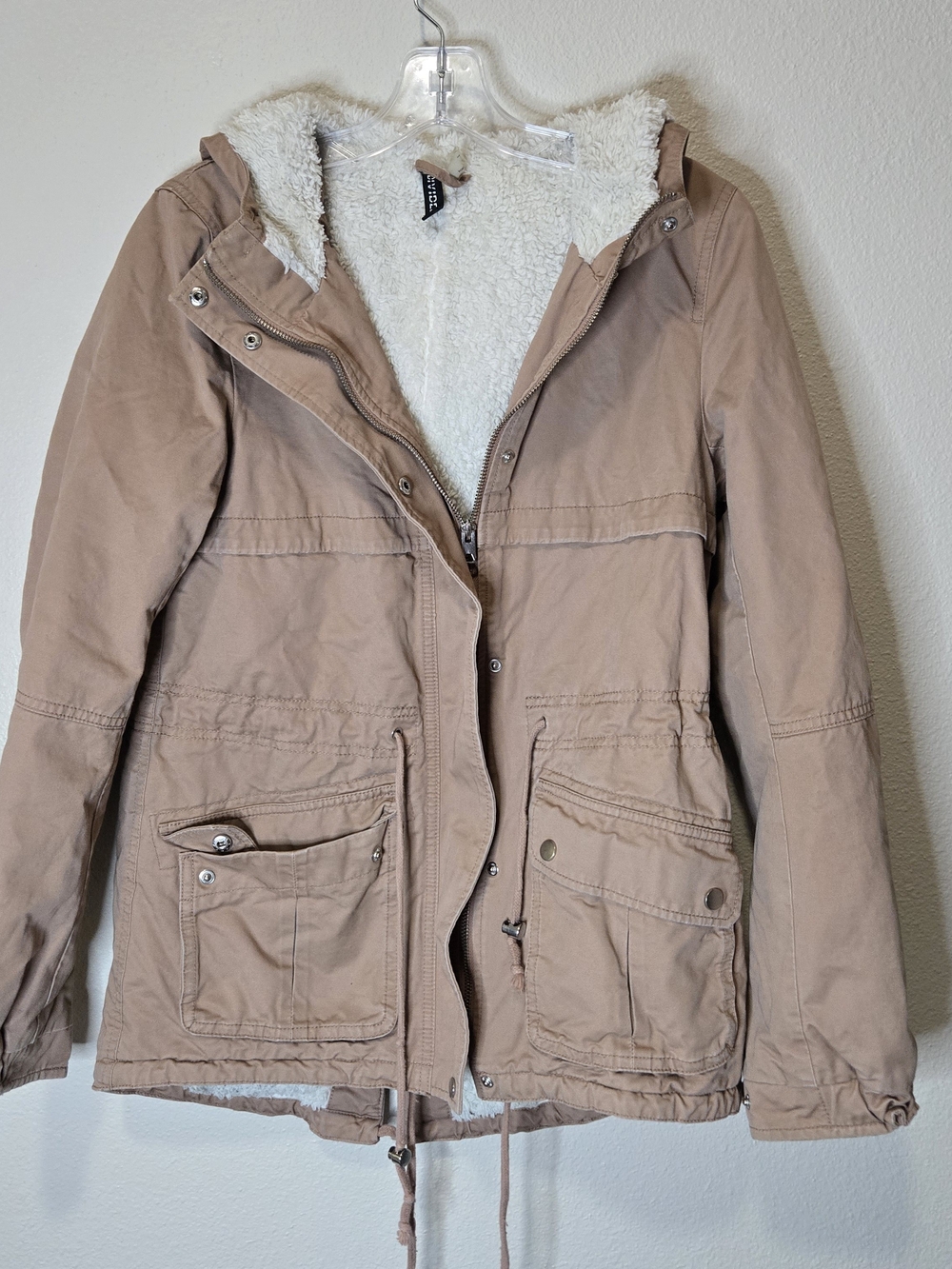 H&M Divided Beige Utility Parka Coat Sherpa Lined Khaki Jacket Tan
